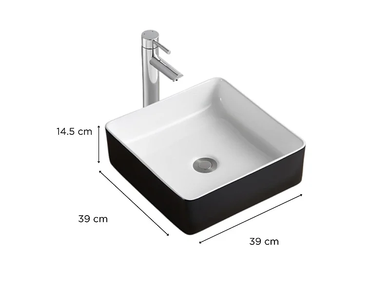 YDRA 36cm kwadratowa dwukolorowa czarno-biała ceramiczna umywalka nablatowa