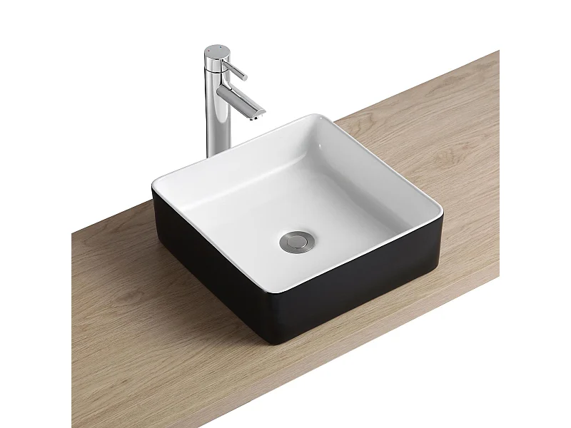 Vasque à poser carrée en céramique bicolore noir et blanc 36cm