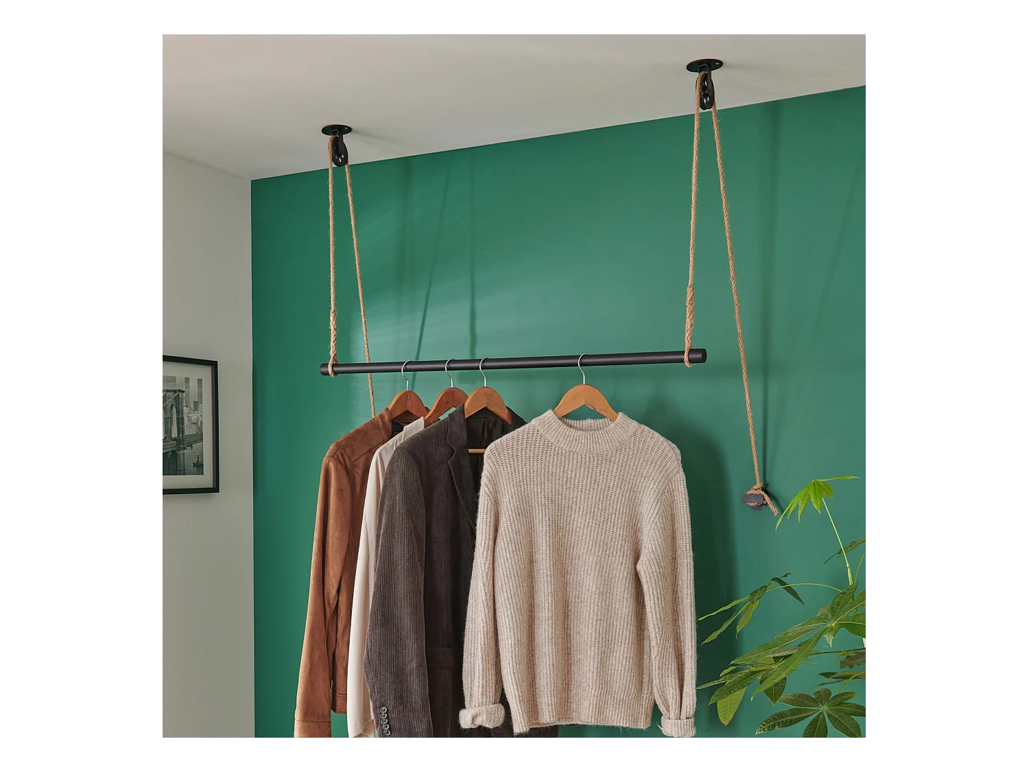 Kit penderie suspendue sous plafond avec corde et poulie 100cm