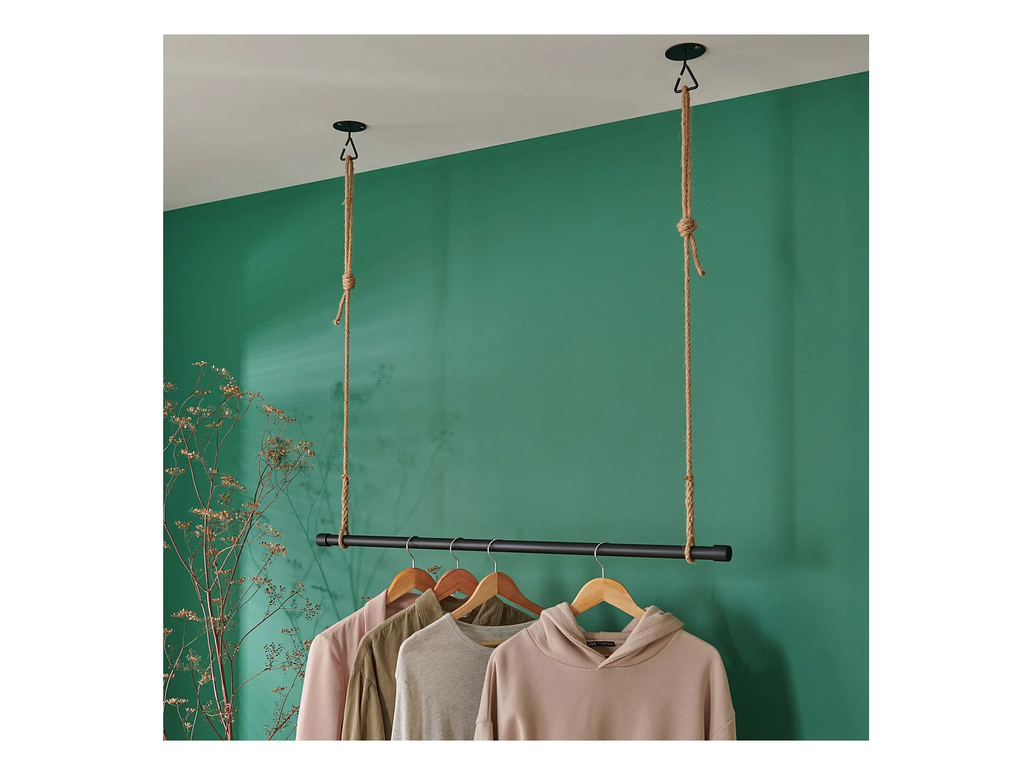 Kit penderie suspendue sous plafond avec corde et crochet 100cm