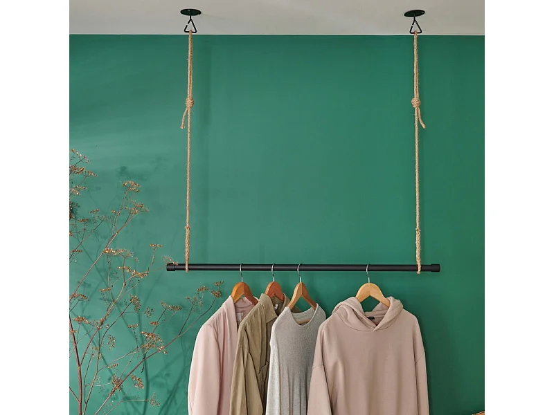 Penderie suspendue bois L100cm noir avec corde LEXY