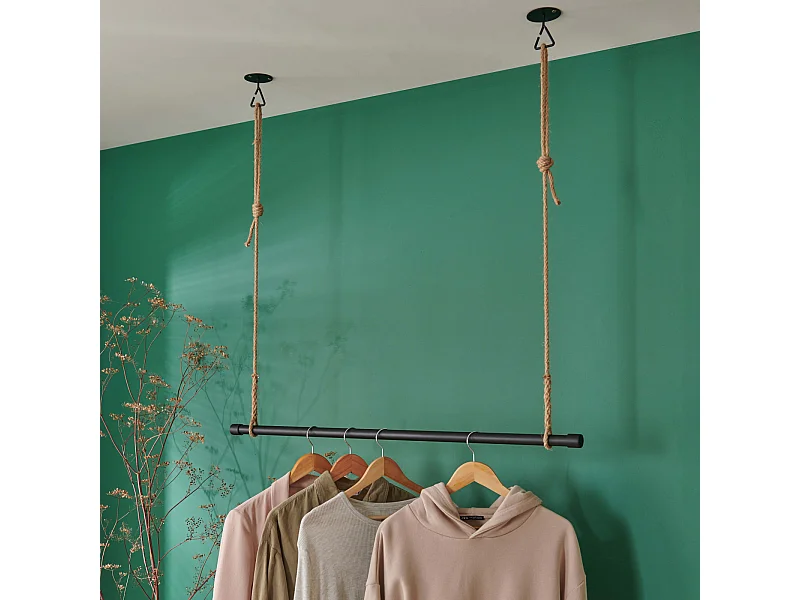 Kit penderie suspendue sous plafond avec corde et crochet 100cm