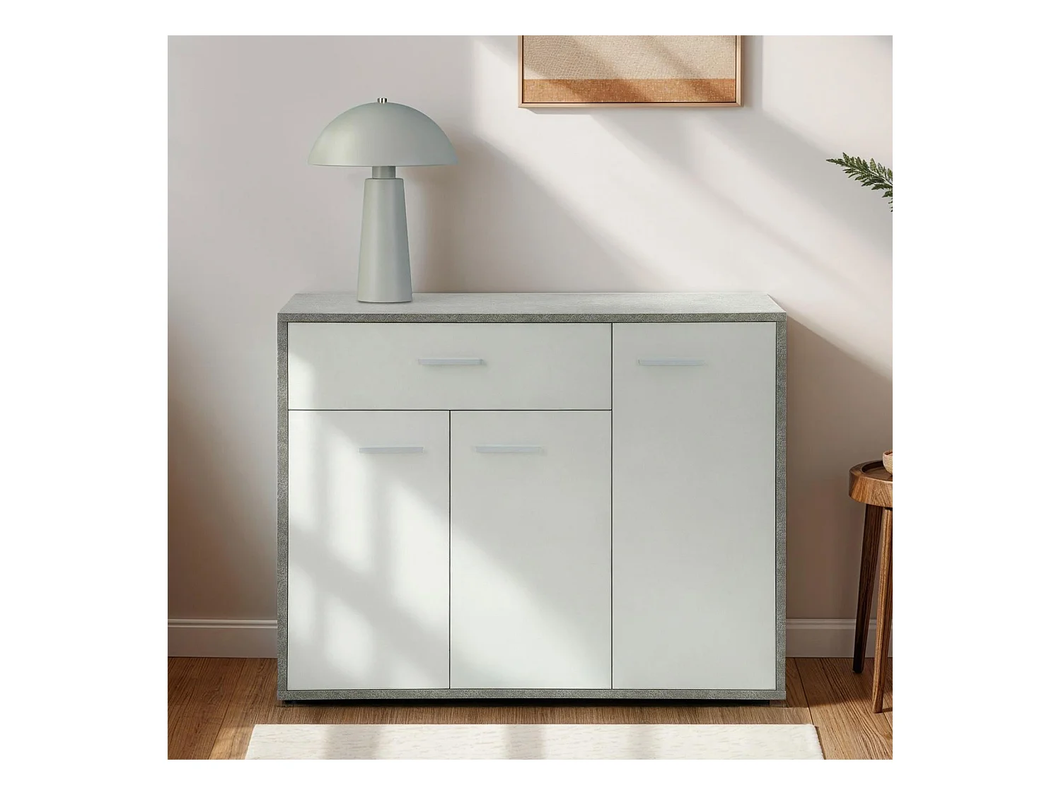 Meuble à chaussures CAMILLE, commode meuble de rangement avec 1 tiroir et 3 portes, en bois, coloris béton et blanc