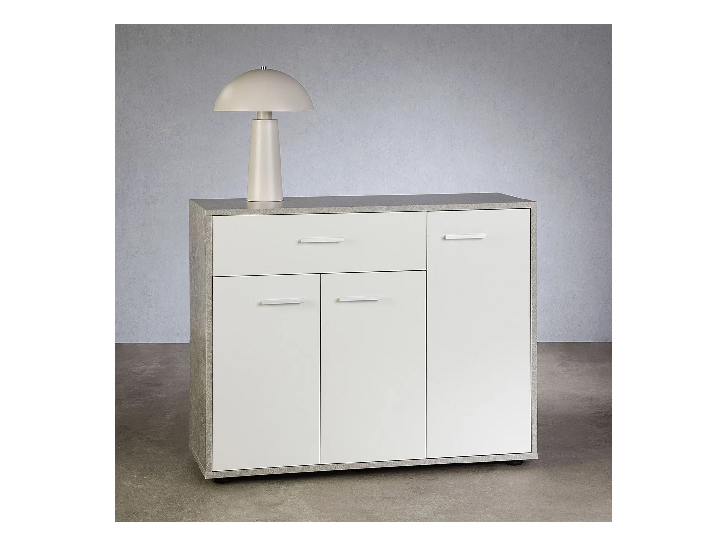 Meuble à chaussures CAMILLE, commode meuble de rangement avec 1 tiroir et 3 portes, en bois, coloris béton et blanc