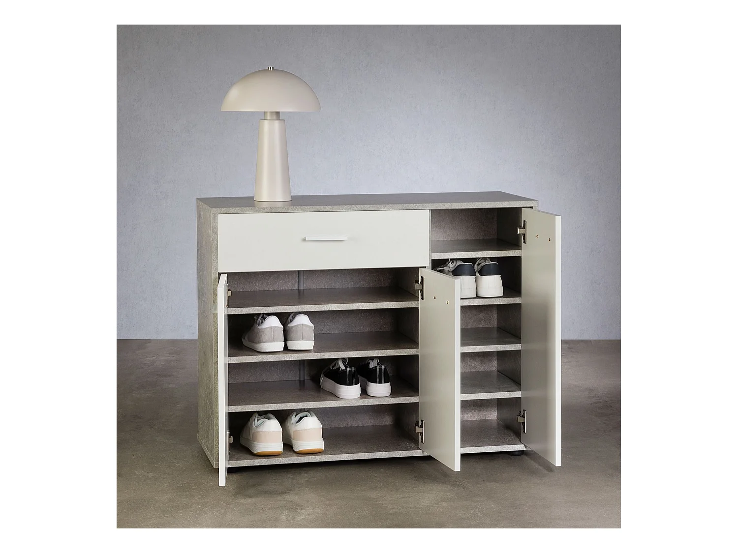 Meuble à chaussures CAMILLE, commode meuble de rangement avec 1 tiroir et 3 portes, en bois, coloris béton et blanc