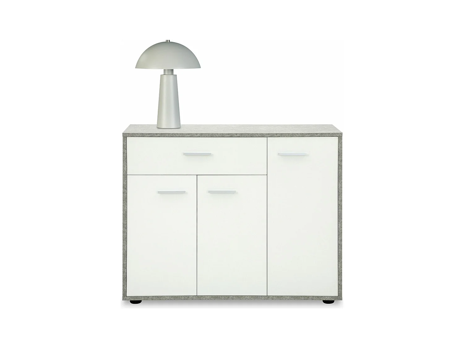 Meuble à chaussures CAMILLE, commode meuble de rangement avec 1 tiroir et 3 portes, en bois, coloris béton et blanc