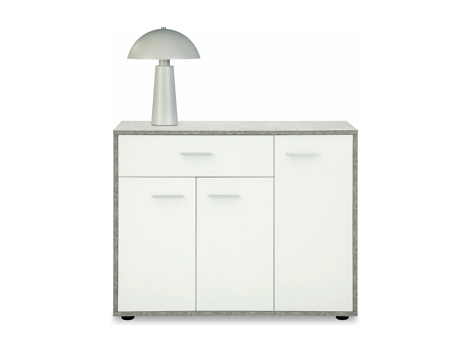 Meuble à chaussures CAMILLE, commode meuble de rangement avec 1 tiroir et 3 portes, en bois, coloris béton et blanc