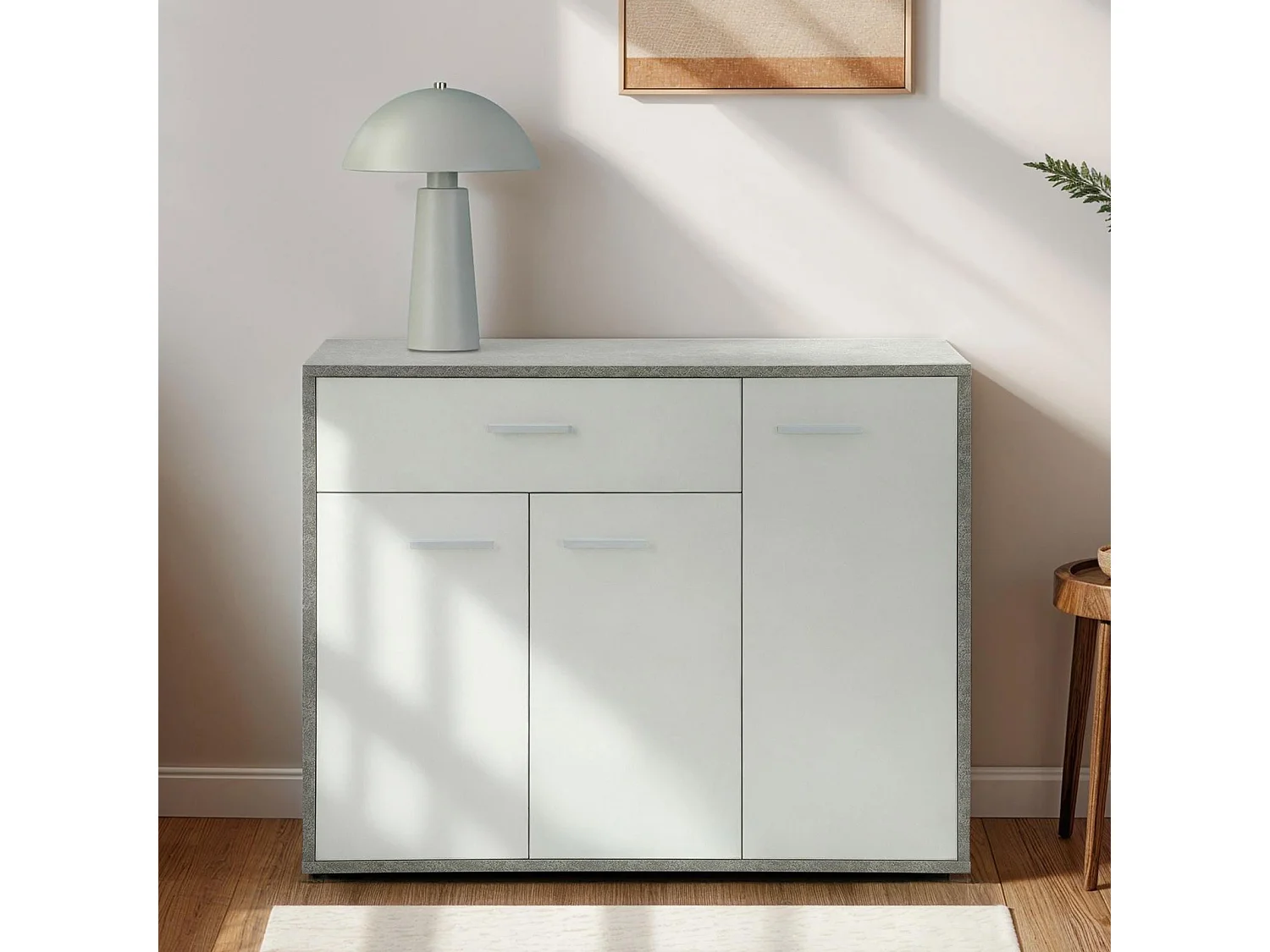 Meuble à chaussures CAMILLE, commode meuble de rangement avec 1 tiroir et 3 portes, en bois, coloris béton et blanc