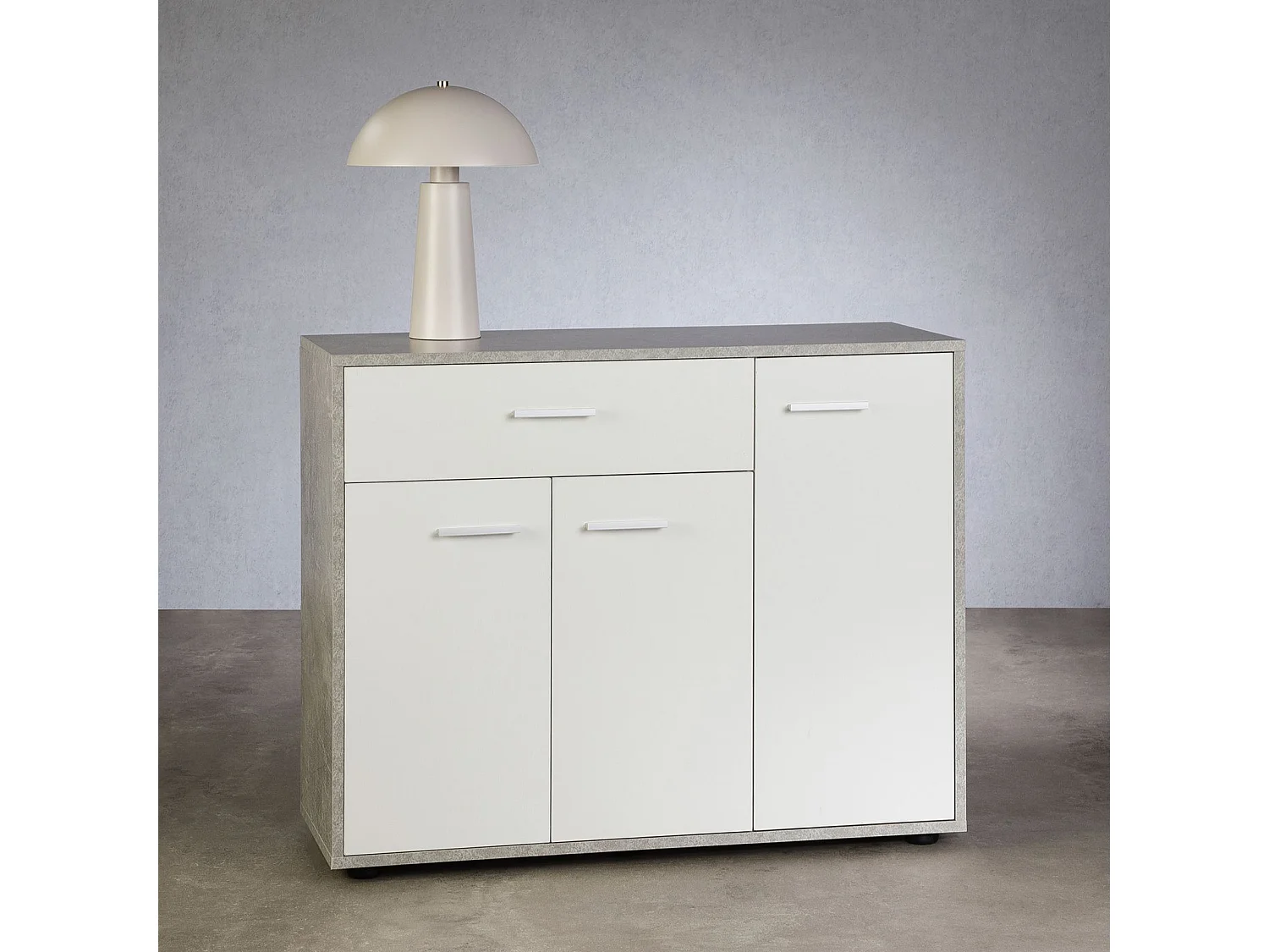 Meuble à chaussures CAMILLE, commode meuble de rangement avec 1 tiroir et 3 portes, en bois, coloris béton et blanc