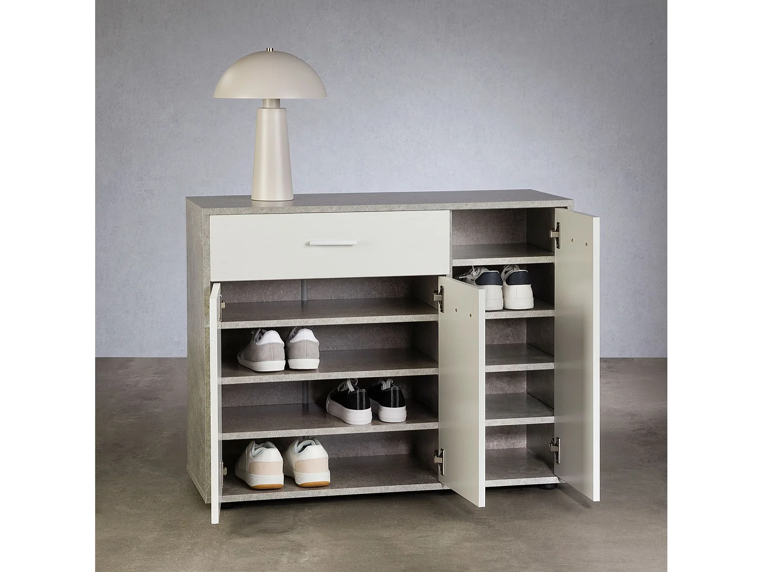 Meuble à chaussures CAMILLE, commode meuble de rangement avec 1 tiroir et 3 portes, en bois, coloris béton et blanc