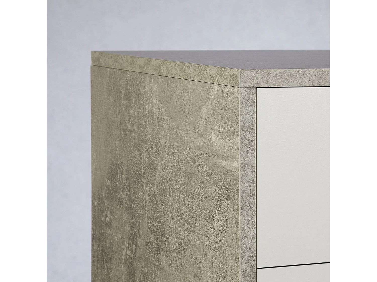 Meuble à chaussures CAMILLE, commode meuble de rangement avec 1 tiroir et 3 portes, en bois, coloris béton et blanc