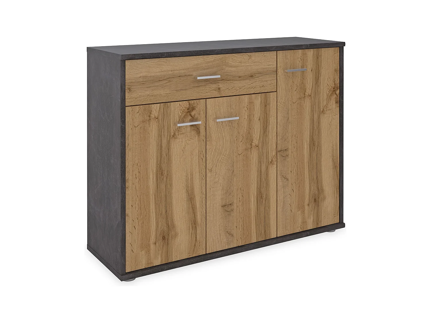 Meuble à chaussures CAMILLE en bois coloris béton foncé et chêne wotan, commode de rangement avec 1 tiroir et 3 portes