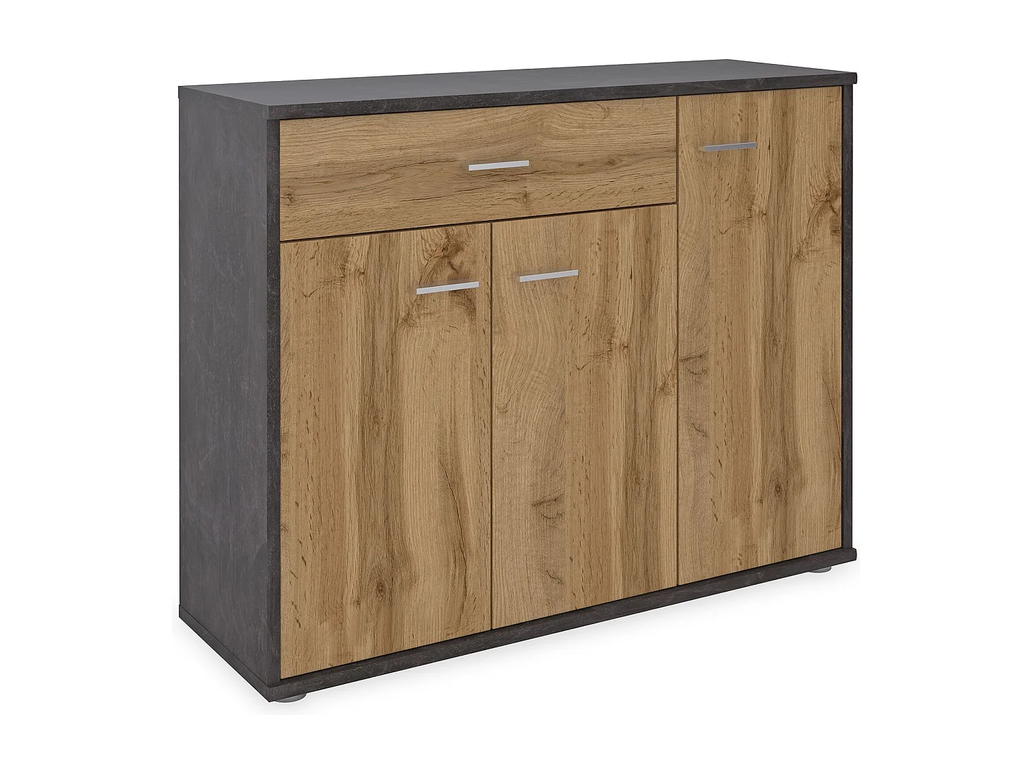 Meuble à chaussures CAMILLE en bois coloris béton foncé et chêne wotan, commode de rangement avec 1 tiroir et 3 portes