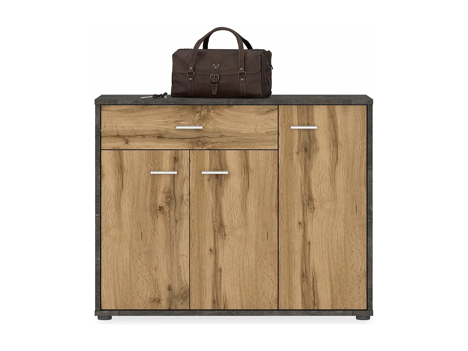 Meuble à chaussures CAMILLE en bois coloris béton foncé et chêne wotan, commode de rangement avec 1 tiroir et 3 portes