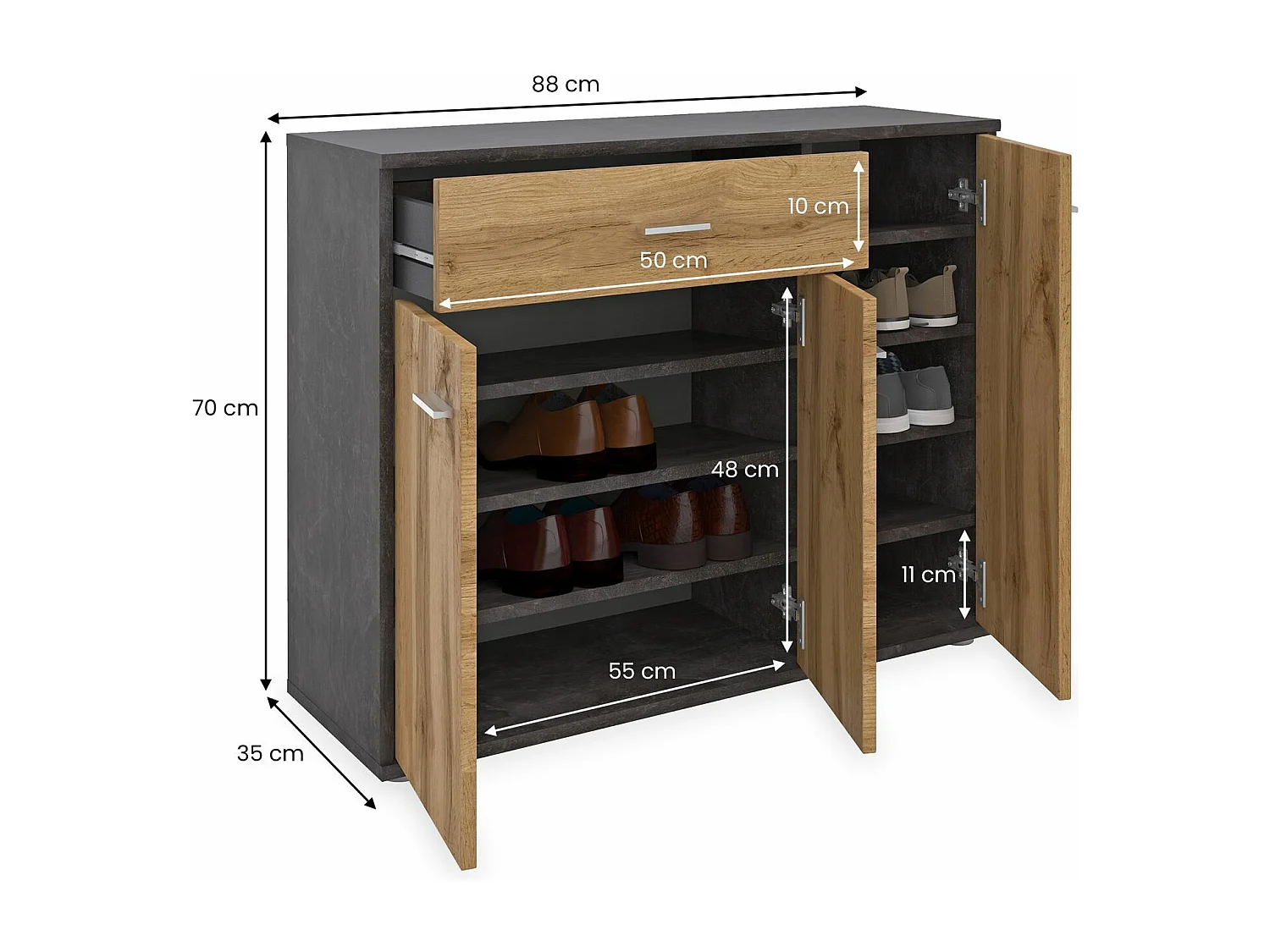 Meuble à chaussures CAMILLE en bois coloris béton foncé et chêne wotan, commode de rangement avec 1 tiroir et 3 portes