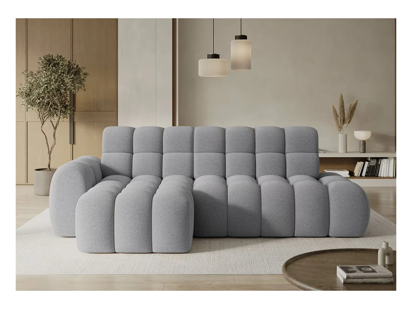 Canapé d’angle convertible tissu KINDO – Avec assise électrique-Gris clair-angle gauche