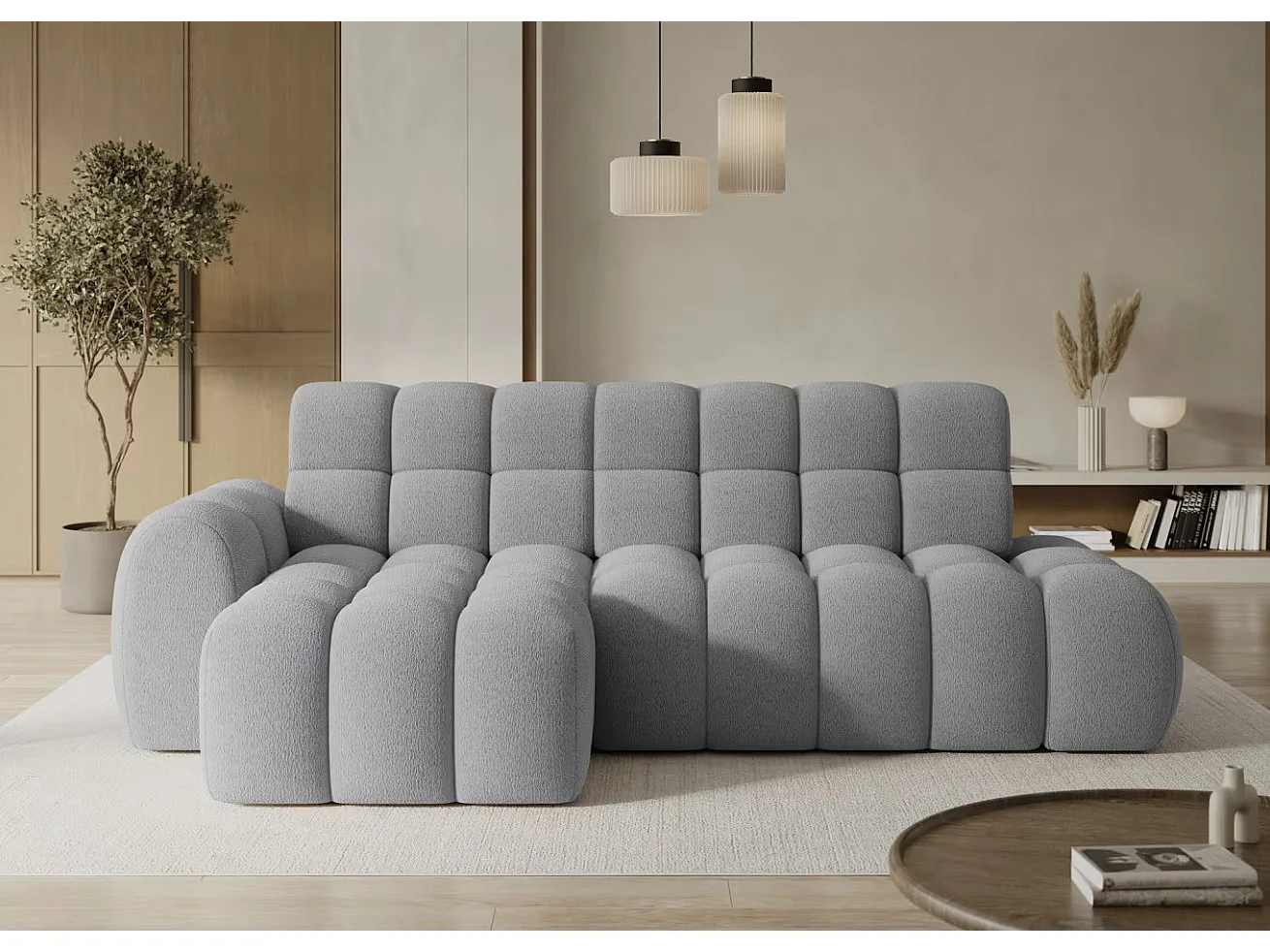 Canapé d’angle convertible tissu KINDO – Avec assise électrique-Gris clair-angle gauche