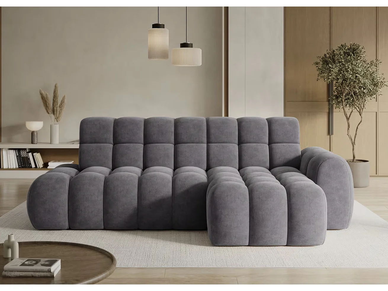 Sofá esquinero convertible de tela KINDO – Con asiento eléctrico-Gris oscuro-Ángulos rectos