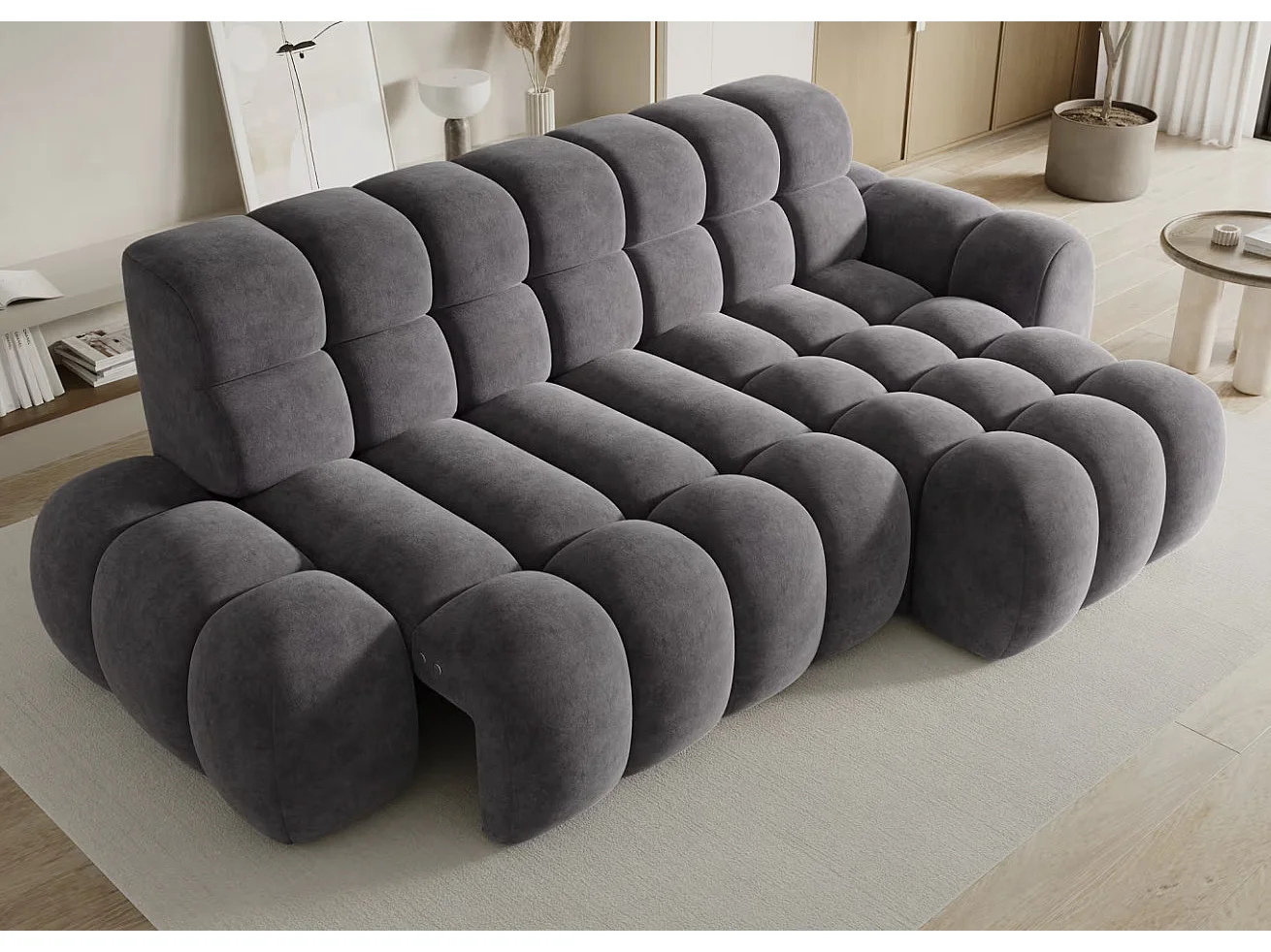 Sofá esquinero convertible de tela KINDO – Con asiento eléctrico-Gris oscuro-Ángulos rectos