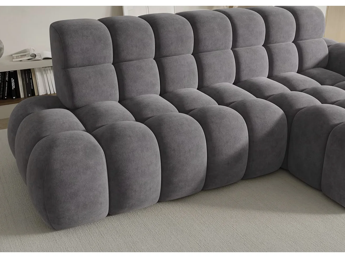 Sofá esquinero convertible de tela KINDO – Con asiento eléctrico-Gris oscuro-Ángulos rectos