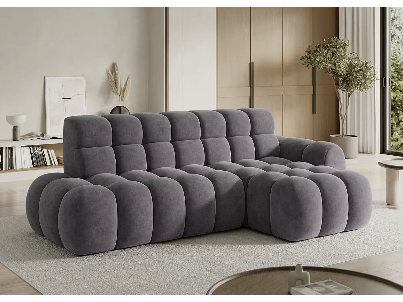 Sofá esquinero convertible de tela KINDO – Con asiento eléctrico-Gris oscuro-Ángulos rectos