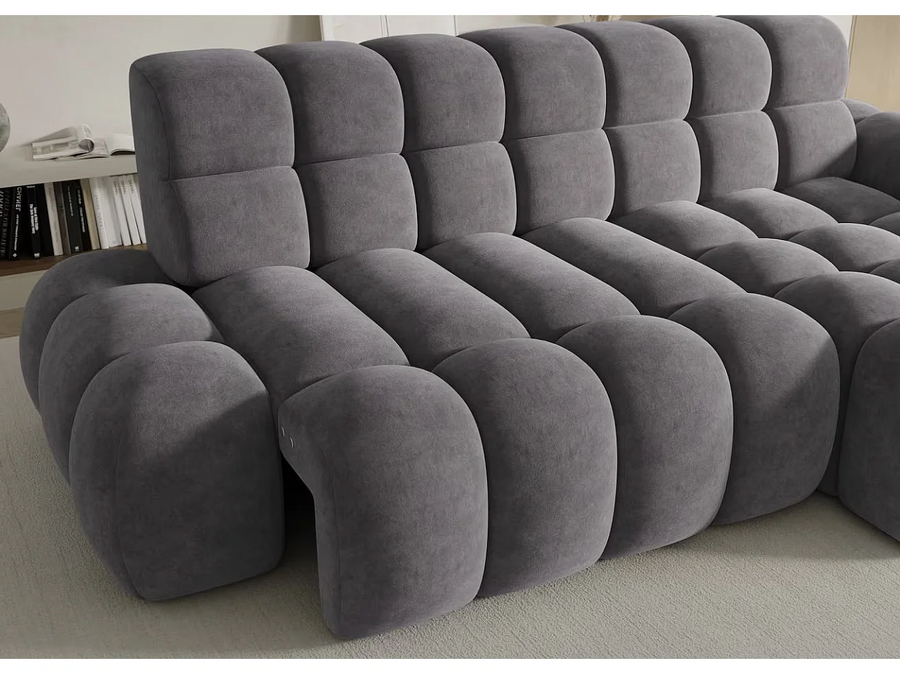 Sofá esquinero convertible de tela KINDO – Con asiento eléctrico-Gris oscuro-Ángulos rectos