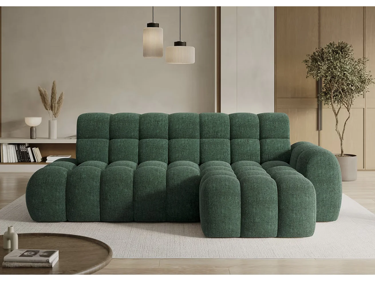 Sofá esquinero convertible de tela KINDO – Con asiento eléctrico-Verde-Ángulos rectos
