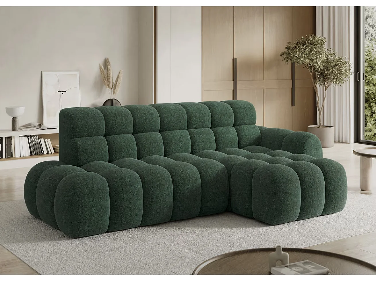 Sofá esquinero convertible de tela KINDO – Con asiento eléctrico-Verde-Ángulos rectos