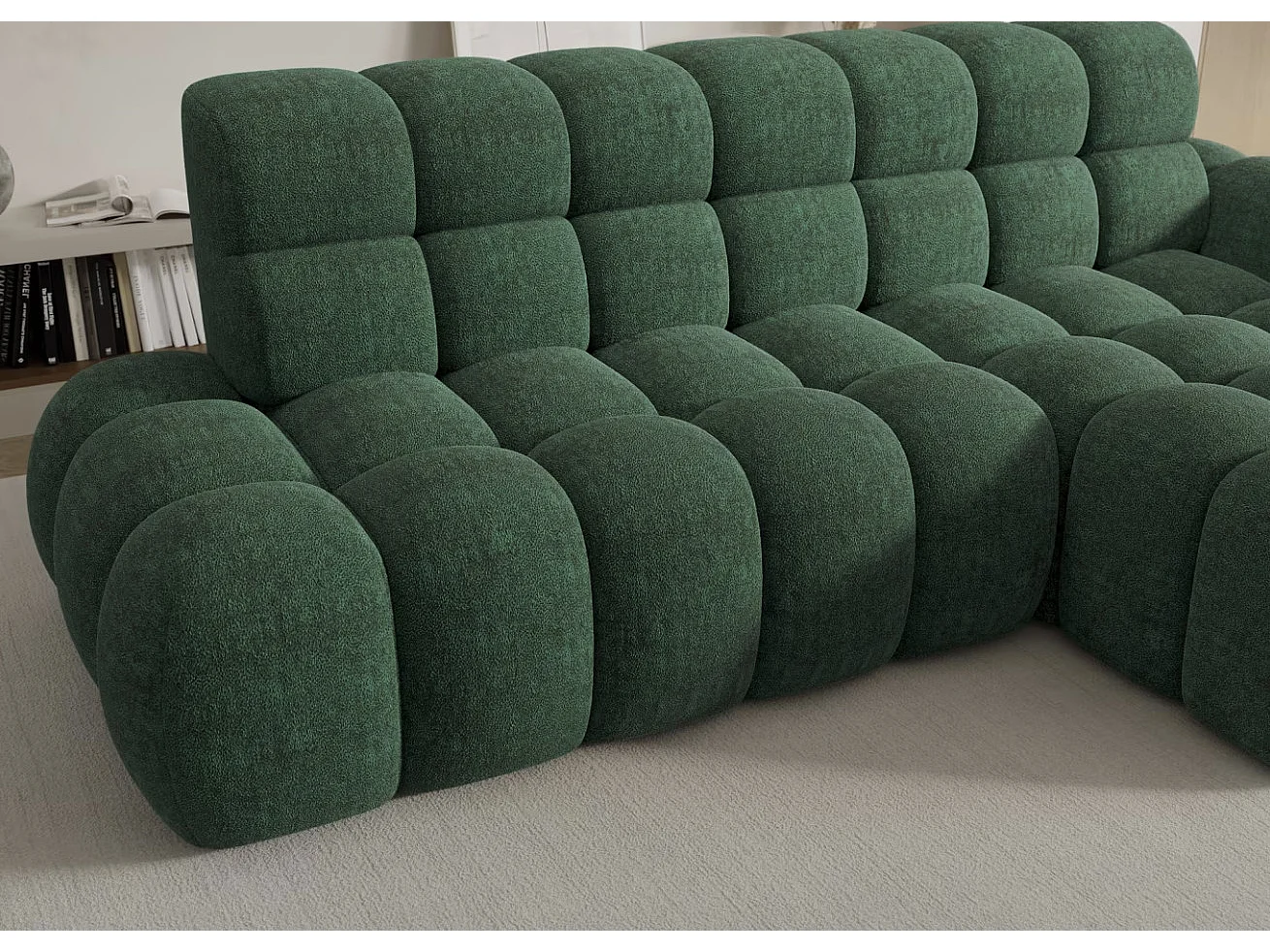 Sofá esquinero convertible de tela KINDO – Con asiento eléctrico-Verde-Ángulos rectos