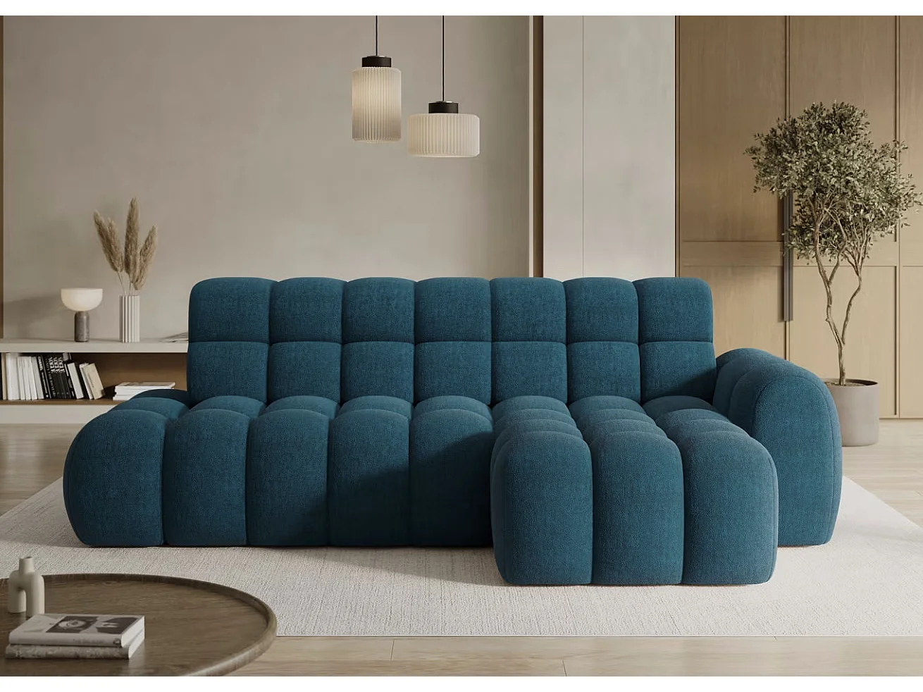 Sofá esquinero convertible de tela KINDO – Con asiento eléctrico-Azul pato-Ángulos rectos