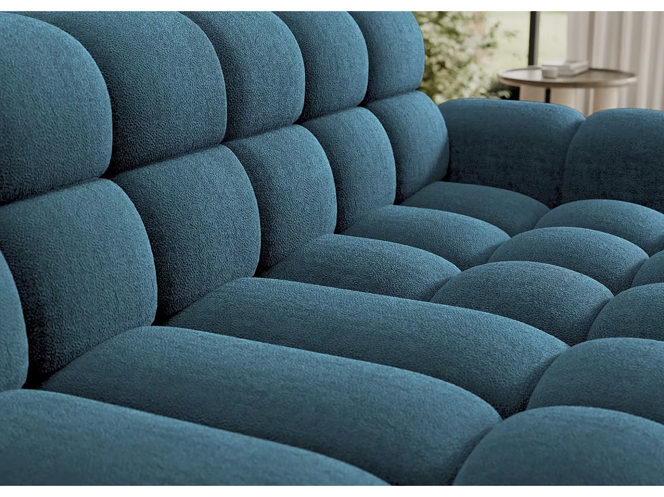 Sofá esquinero convertible de tela KINDO – Con asiento eléctrico-Azul pato-Ángulos rectos
