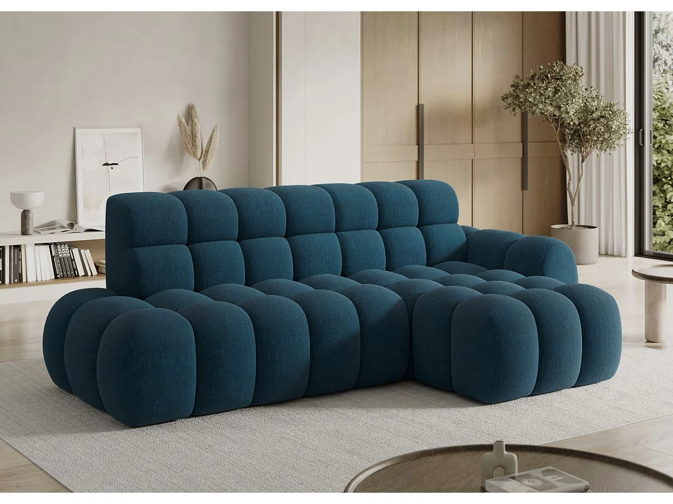 Sofá esquinero convertible de tela KINDO – Con asiento eléctrico-Azul pato-Ángulos rectos