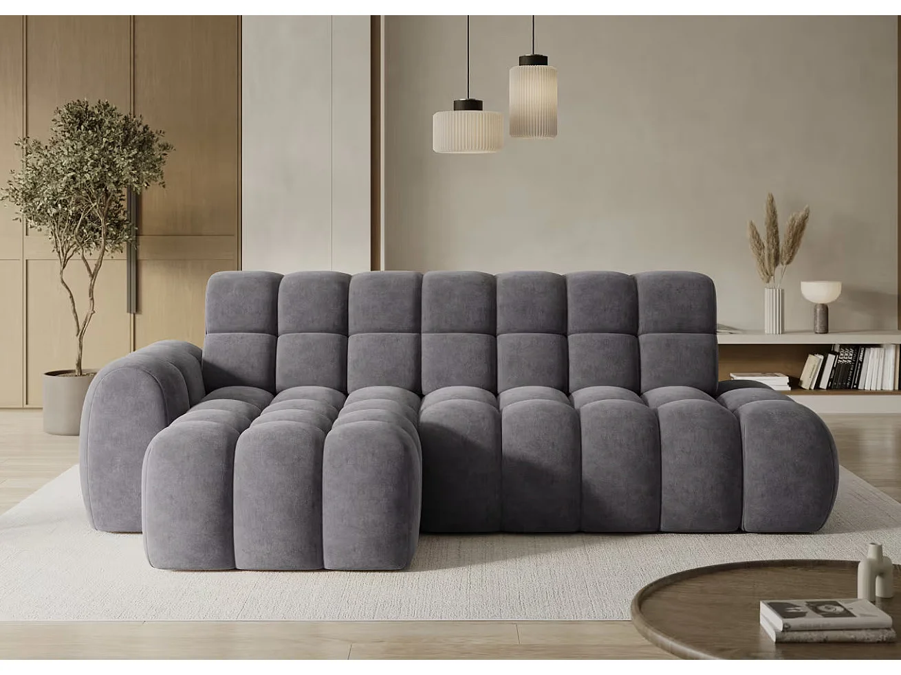 Sofá esquinero convertible de tela KINDO – Con asiento eléctrico-Gris oscuro-Ángulo izquierdo