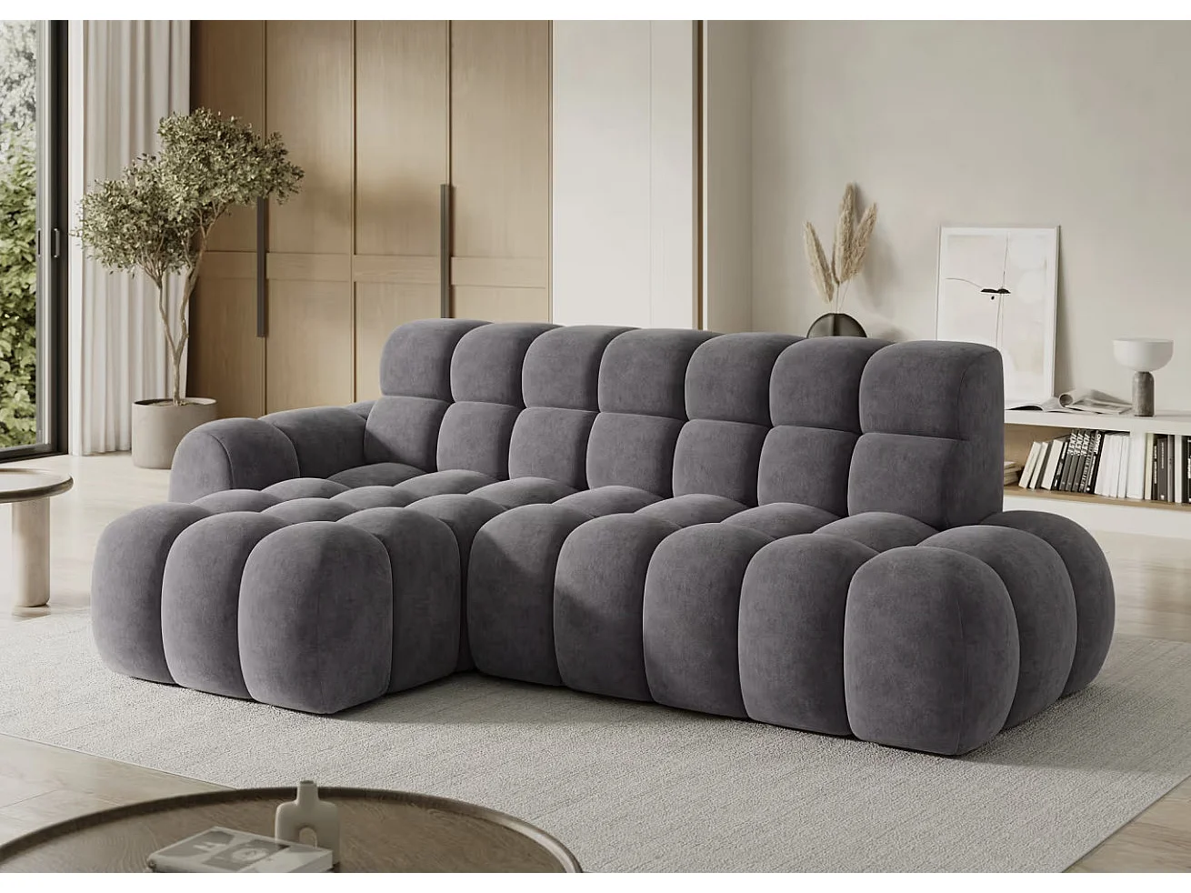 Sofá esquinero convertible de tela KINDO – Con asiento eléctrico-Gris oscuro-Ángulo izquierdo