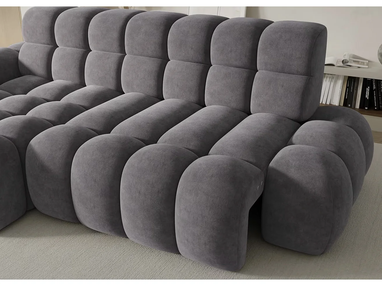 Sofá esquinero convertible de tela KINDO – Con asiento eléctrico-Gris oscuro-Ángulo izquierdo