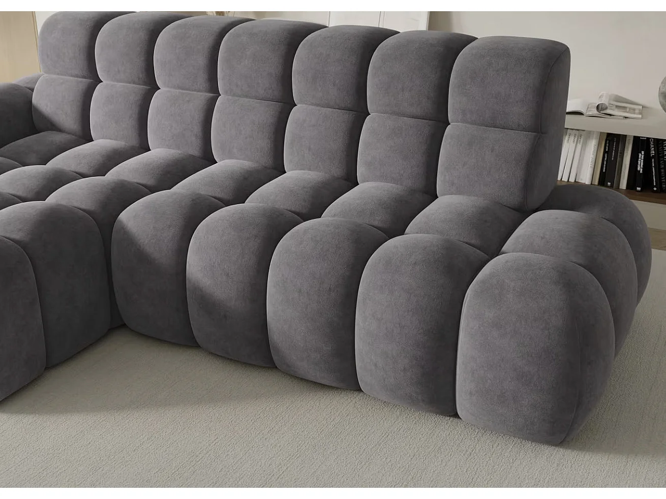 Sofá esquinero convertible de tela KINDO – Con asiento eléctrico-Gris oscuro-Ángulo izquierdo