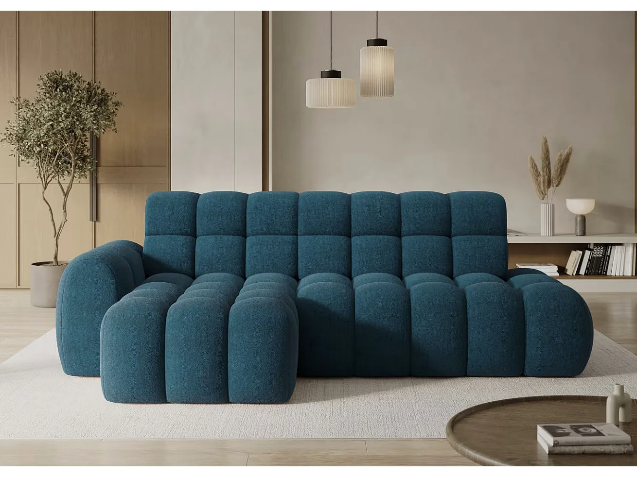 Sofá esquinero convertible de tela KINDO – Con asiento eléctrico-Azul pato-Ángulo izquierdo