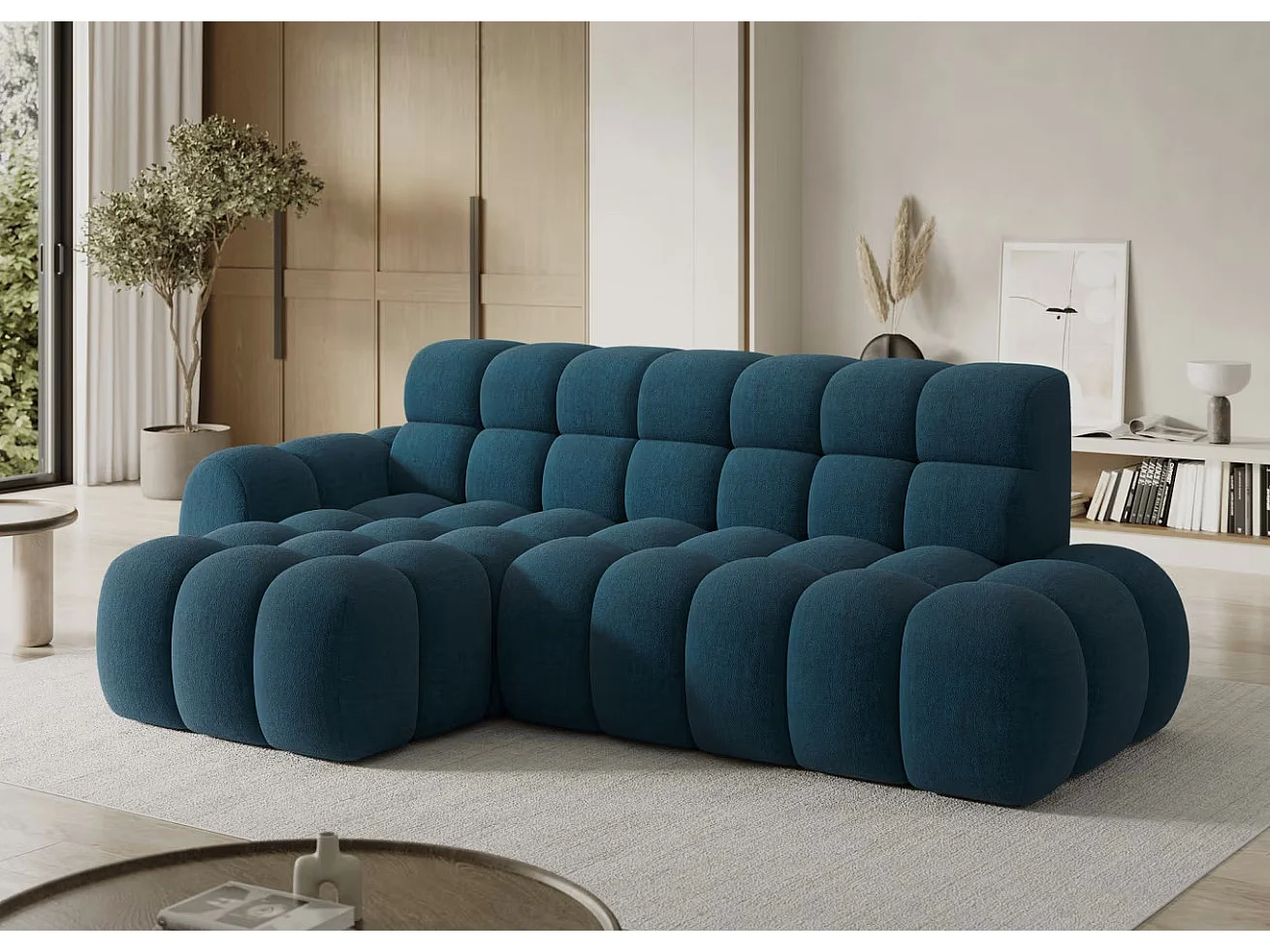 Sofá esquinero convertible de tela KINDO – Con asiento eléctrico-Azul pato-Ángulo izquierdo