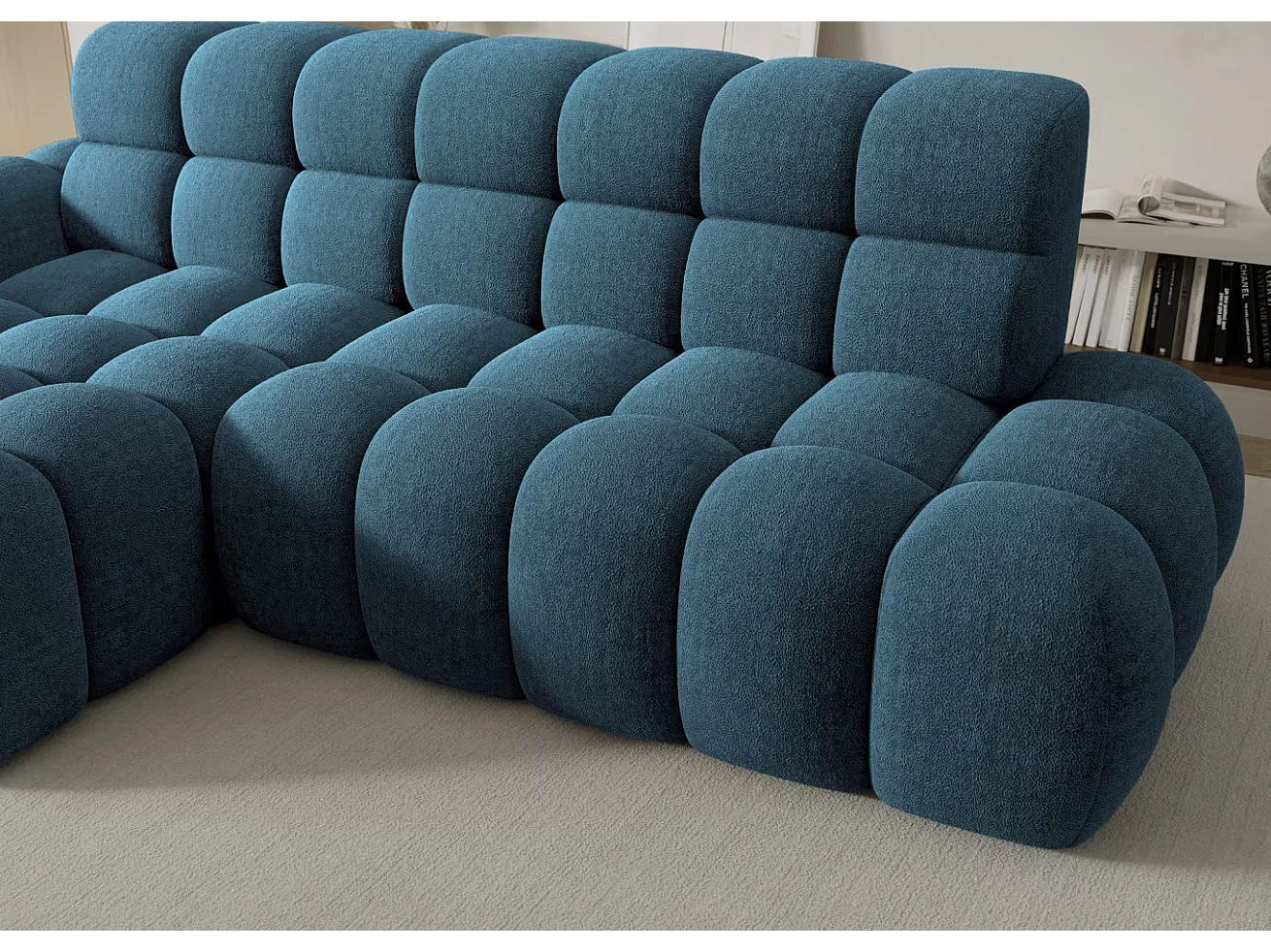 Sofá esquinero convertible de tela KINDO – Con asiento eléctrico-Azul pato-Ángulo izquierdo