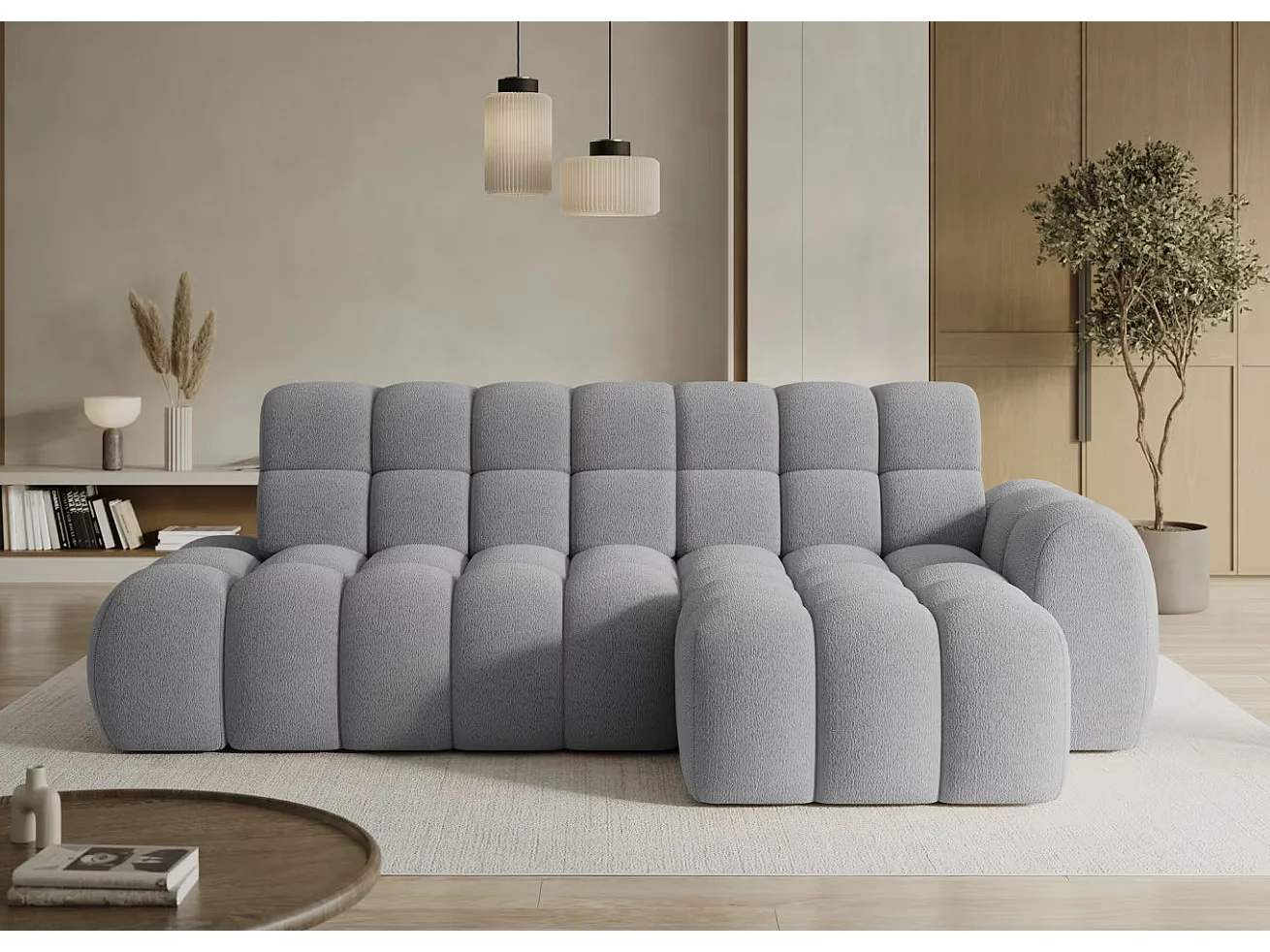 Sofá esquinero convertible de tela KINDO – Con asiento eléctrico-Gris claro-Ángulos rectos