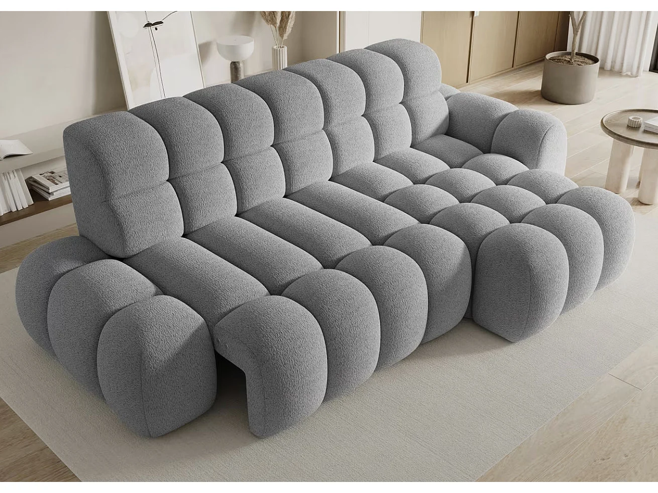 Sofá esquinero convertible de tela KINDO – Con asiento eléctrico-Gris claro-Ángulos rectos