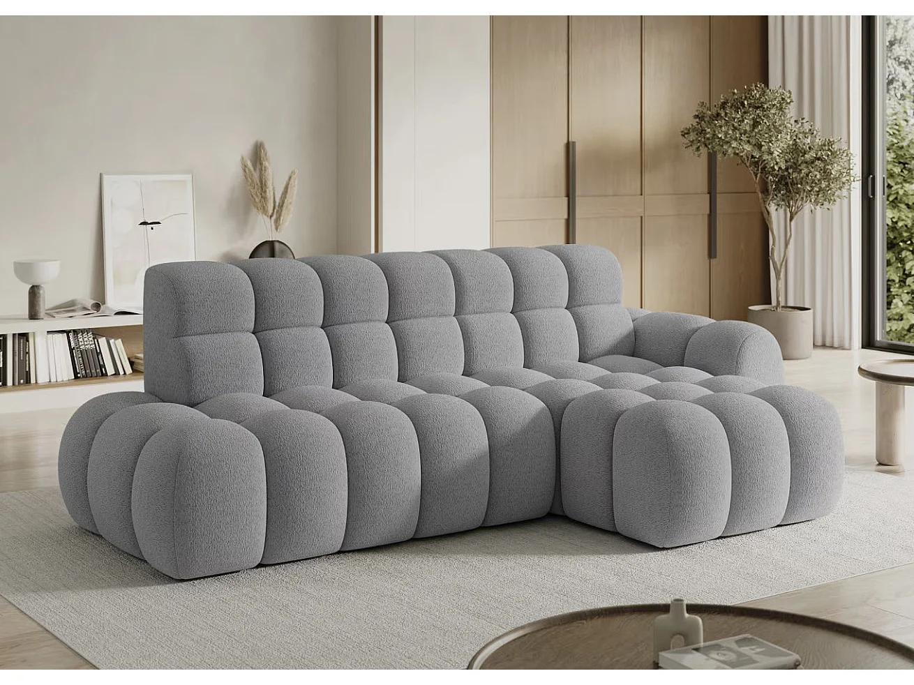 Sofá esquinero convertible de tela KINDO – Con asiento eléctrico-Gris claro-Ángulos rectos