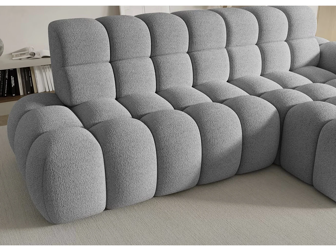 Sofá esquinero convertible de tela KINDO – Con asiento eléctrico-Gris claro-Ángulos rectos