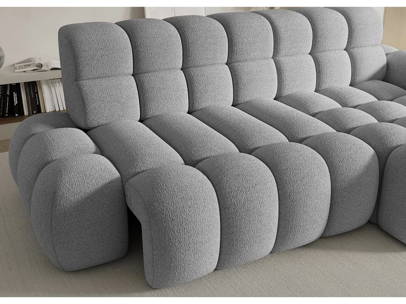 Sofá esquinero convertible de tela KINDO – Con asiento eléctrico-Gris claro-Ángulos rectos