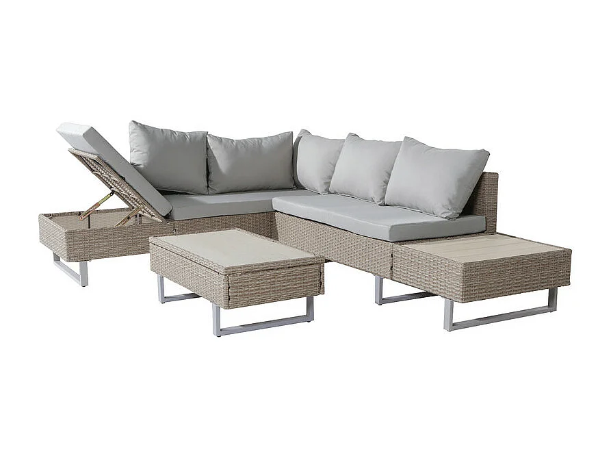 Salon de jardin modulable en acier : 1 canapé d'angle relevable + 1 table basse + coussins gris - Kaki