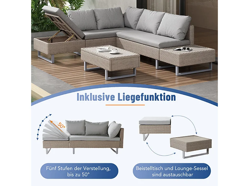 Salon de jardin modulable en acier : 1 canapé d'angle relevable + 1 table basse + coussins gris - Kaki