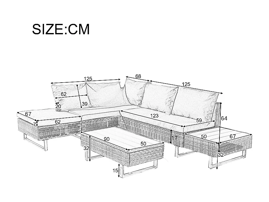 Salon de jardin modulable en acier : 1 canapé d'angle relevable + 1 table basse + coussins gris - Kaki