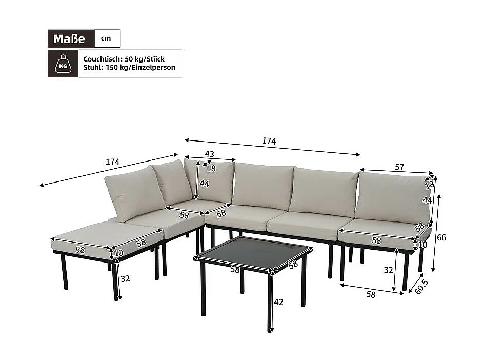 Salon de jardin modulable en  fer galvanisé : canapé d'angle + 1 table basse + 1 chaise - avec pieds réglables et coussins