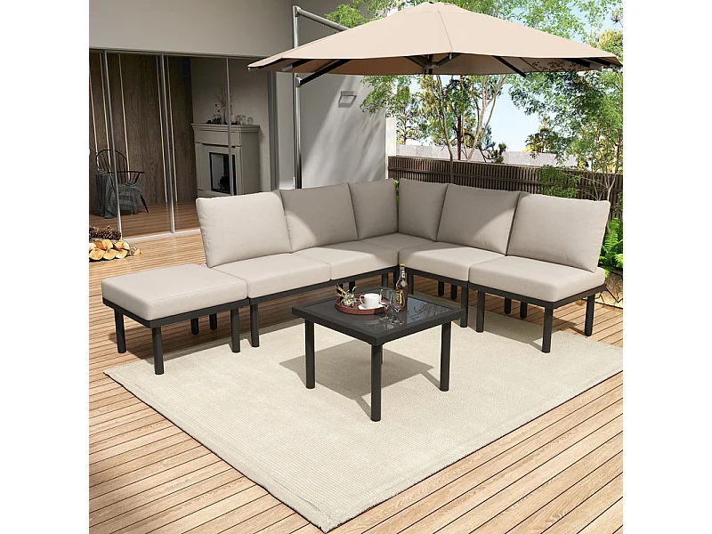 Salon de jardin modulable en  fer galvanisé : canapé d'angle + 1 table basse + 1 chaise - avec pieds réglables et coussins