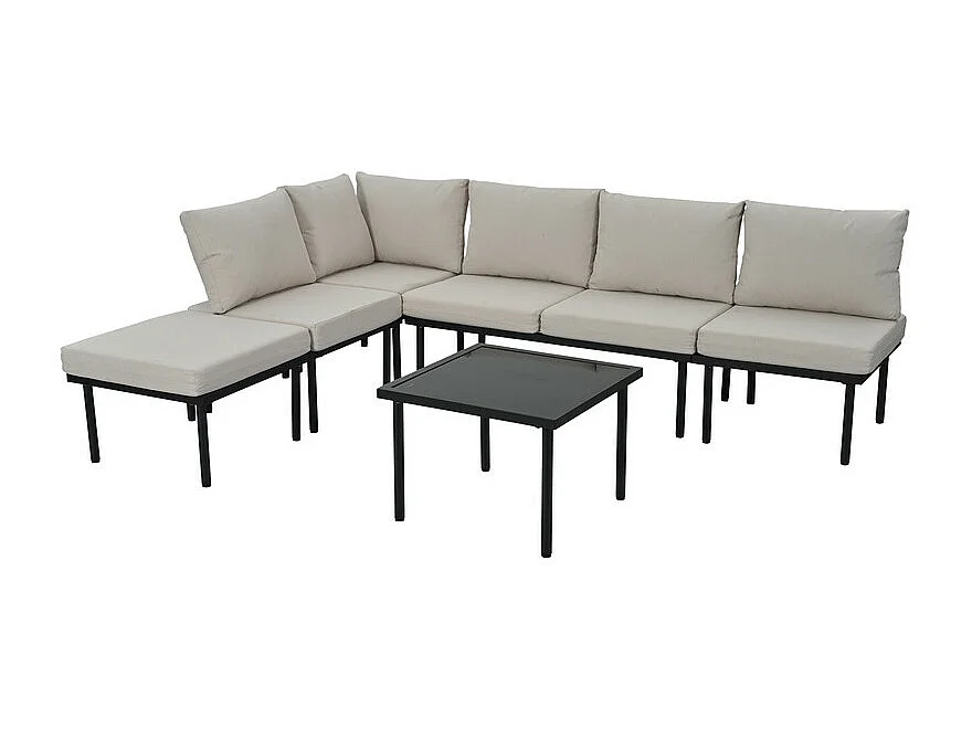 Salon de jardin modulable en  fer galvanisé : canapé d'angle + 1 table basse + 1 chaise - avec pieds réglables et coussins